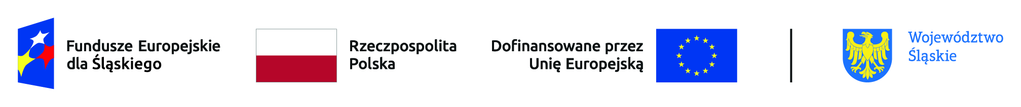 Grafika przedstawia ciąg logotypów: pierwszy od lewej to logotyp programu Fundusze Europejskie dla śląskiego, następnie flaga Polski, kolejno logotyp Unii Europejskiej z opisem dofinansowane przez Unię Europejską, po prawej herb województwa śląskiego 