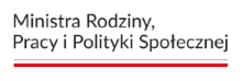 Czarny napis na białym tle o treści Ministra Rodziny, Pracy i Polityki Społecznej. Pod napisem pozioma, wąska, czarna linia a pod nią szeroka, czerwona linia.
